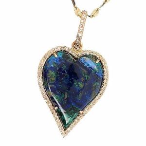 14K Gold Diamond & Azurite Malachite Heart Charm Pendant